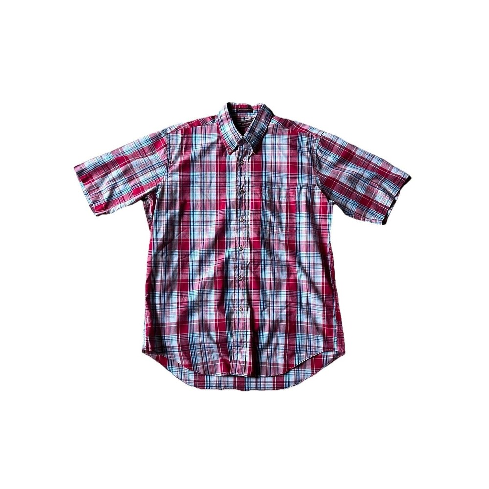 Vintage Chaps Ralph Lauren Plaid Short Sleeve Button Down Menโs Large Red Blue